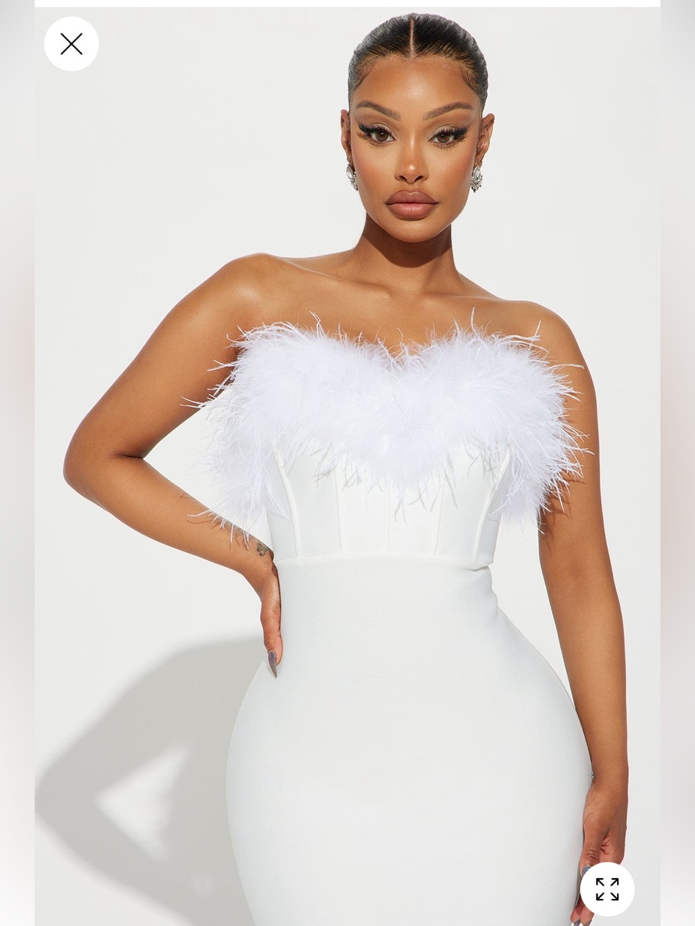 Fashion Nova White Strapless Feather-Trim Bodycon Dress. New. Never worn